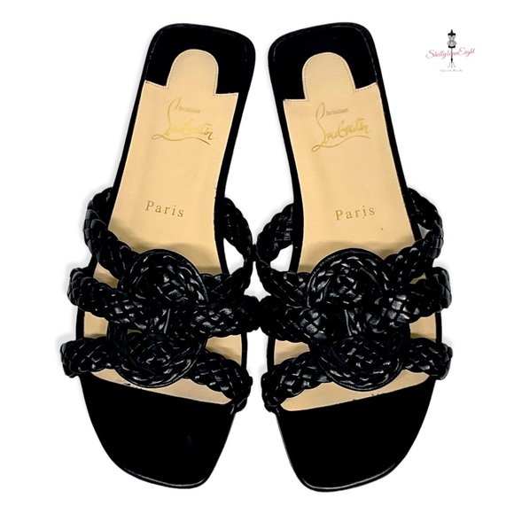 CHRISTIAN LOUBOUTIN Marilla Flats Woven Leather Slides Sandals Red Soles 38.5 - Picture 3 of 15
